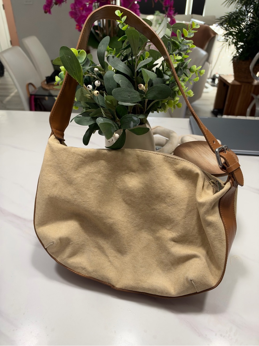 AUTHENTIC FURLA Canvas and Leather Shoulder Bag in Beige and Tan